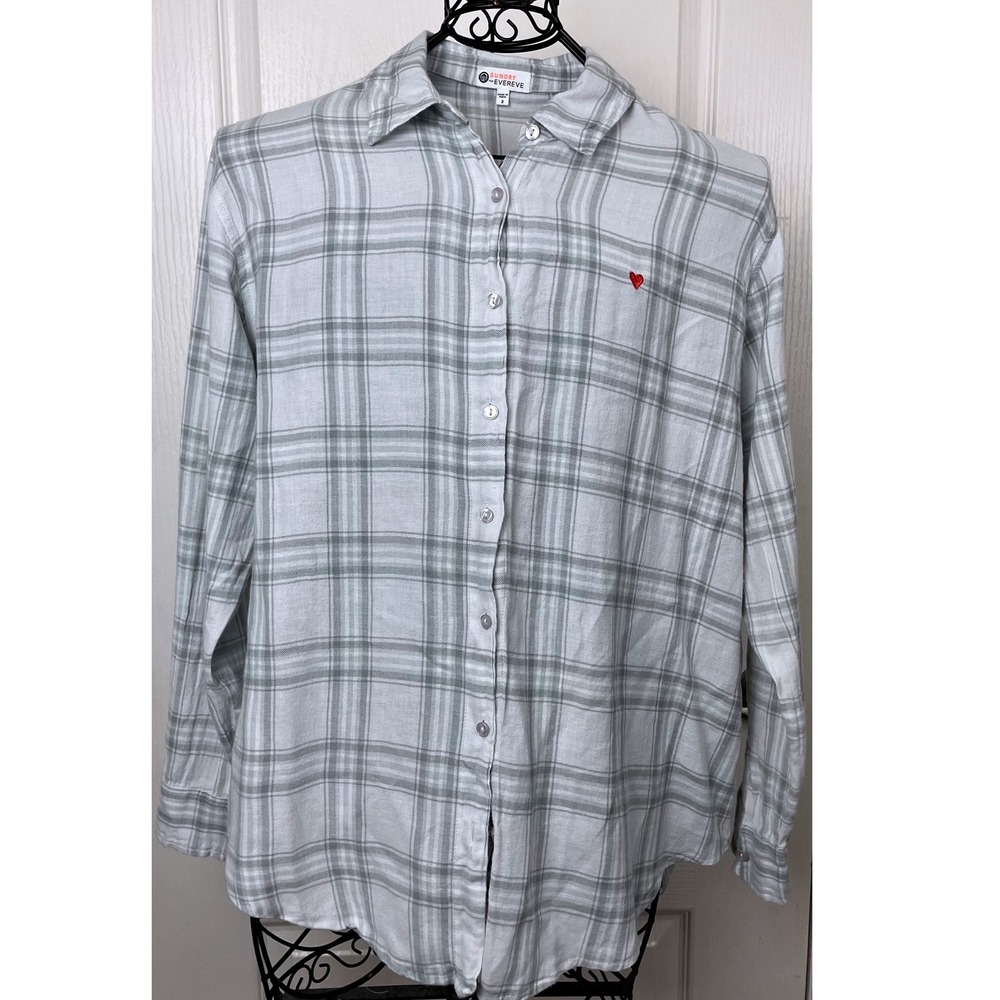 Sundry From Evereve / Anthropologie Grey White Plaid Button Down Top Sz 2 Medium